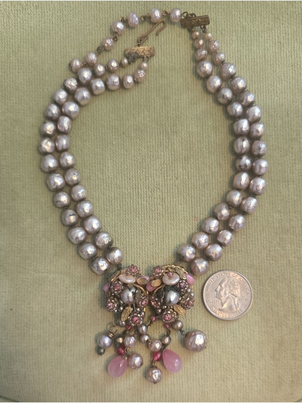 Vintage Two Strand Pearl Rhinestone Beaded Choker Necklace - Picture 6 of 12